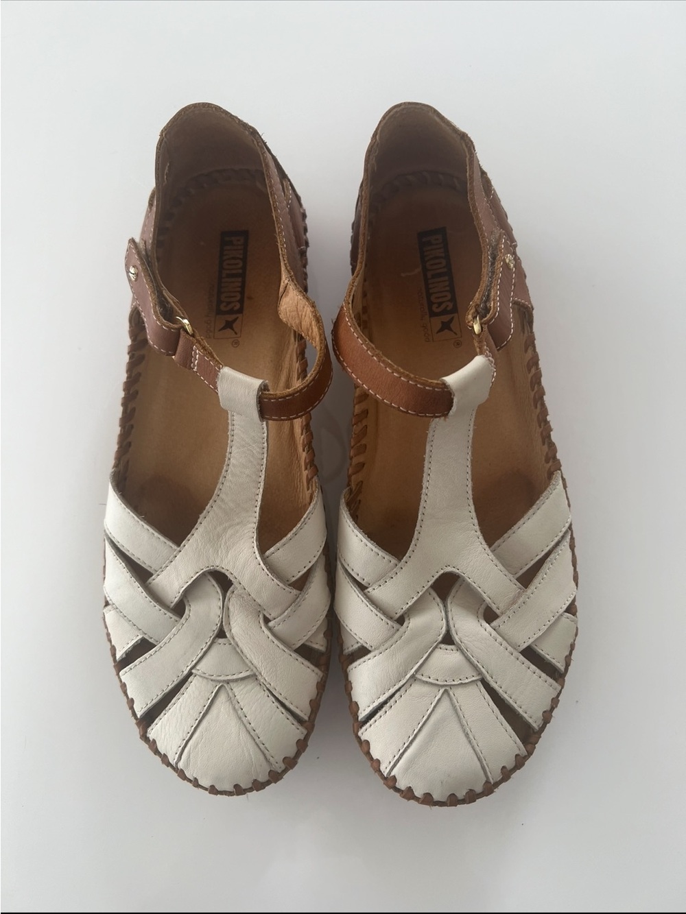 PIKOLINOS Cream and Brown Woven Leather T-Bar Sandals